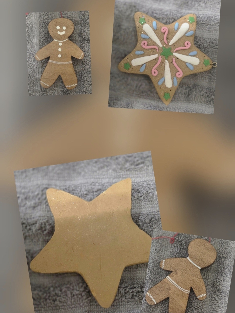 Two vintage gingerbread ornaments one is wood one is claydoh 4 to 5 inches